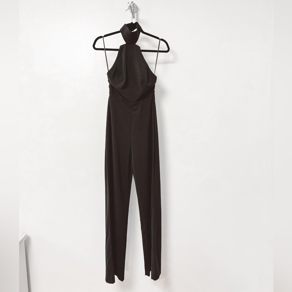 AQ/AQ Choker Halter Open Back Wide Leg Holiday NYE Chic Jumpsuit Black 2